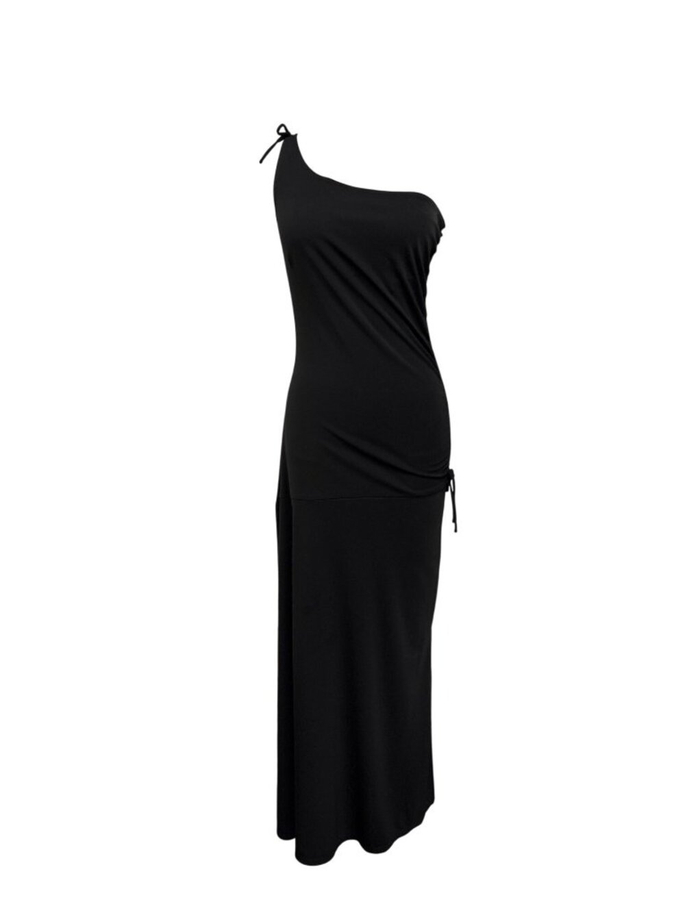 Vintage 90s Scene Black One Shoulder Asymmetric Ruched Maxi Dress Side Slit Size